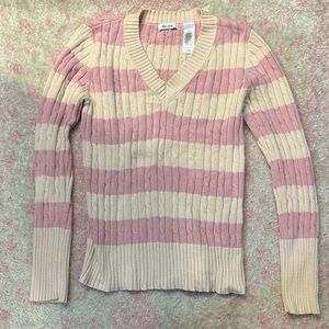 Y2K V-Neck Cable Knit Sweater in Pink and Cream Stripes